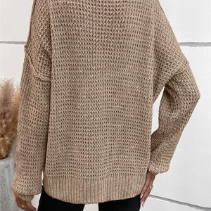 Khaki Knit Button V Neck Drop Shoulder Sweater