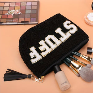 Solid Embroidered Alphabet Makeup Bag, 2 Colors