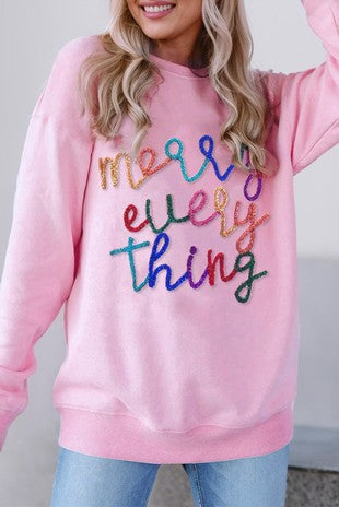 Pink Merry Every Thing Print Glitter Slogan Sweatshirt