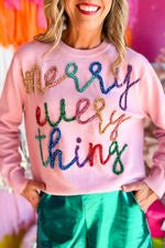 Pink Merry Every Thing Print Glitter Slogan Sweatshirt