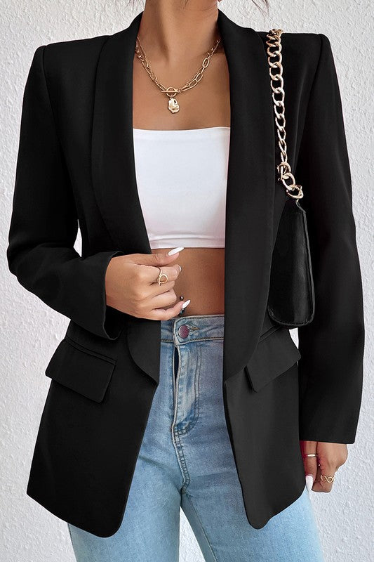 BLACK WOMEN OPEN FRONT MID LENGTH BLAZER WITH POCKETS