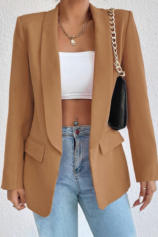 BROWN OPEN FRONT MID LENGTH BLAZER WITH POCKETS