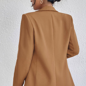 BROWN OPEN FRONT MID LENGTH BLAZER WITH POCKETS