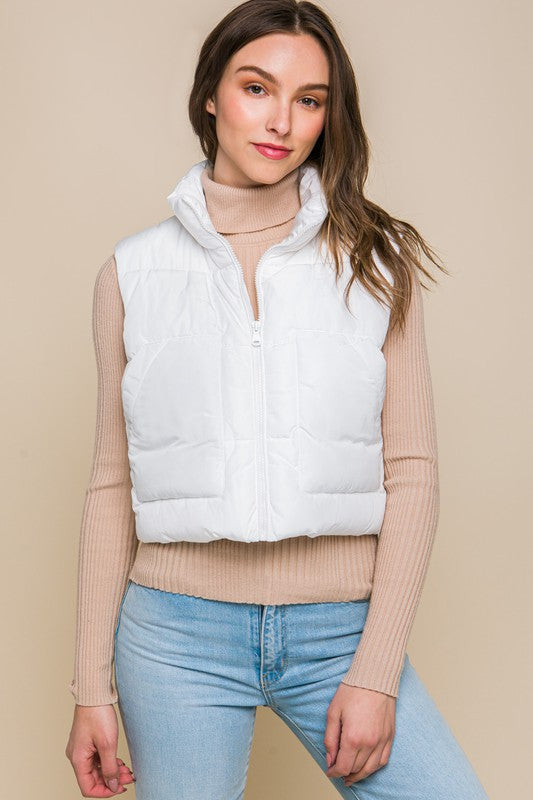 White Puffer Vest With Pockets