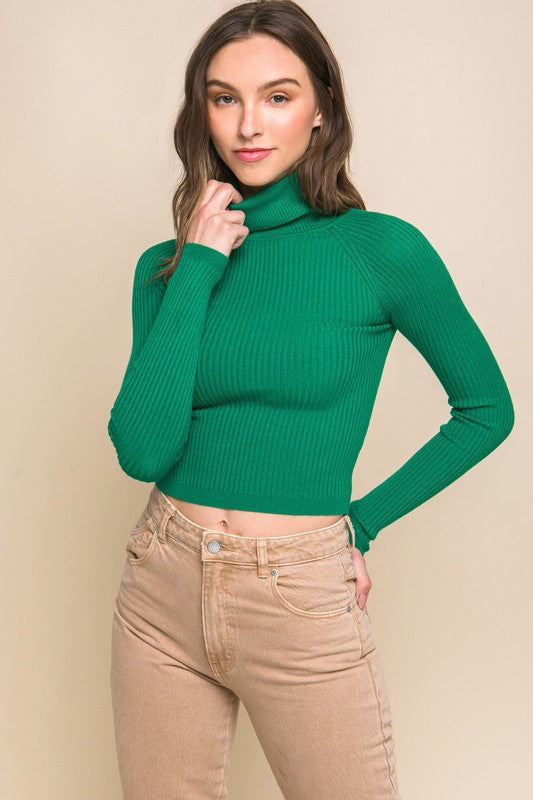 Green fitted Turtleneck Ribbed Knit Sweater Top