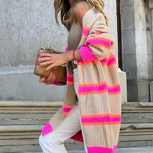 Stripe Striped Ribbed Long Knitted Cardigan