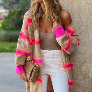 Stripe Striped Ribbed Long Knitted Cardigan