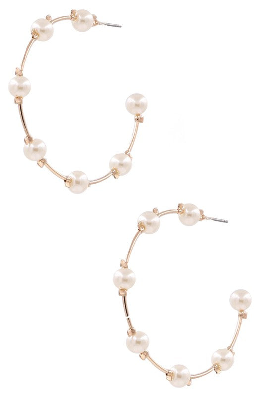 Cream Pearl Open Hoop Earrings, Gold OR Silver