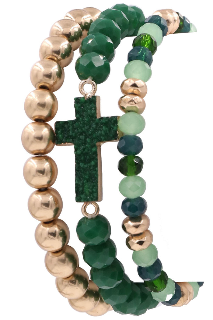Assorted Bead Druzy Cross Stretch Bracelet Set, 3 Colors