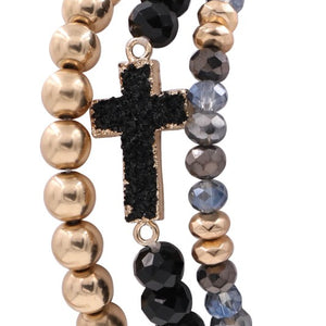 Assorted Bead Druzy Cross Stretch Bracelet Set, 3 Colors