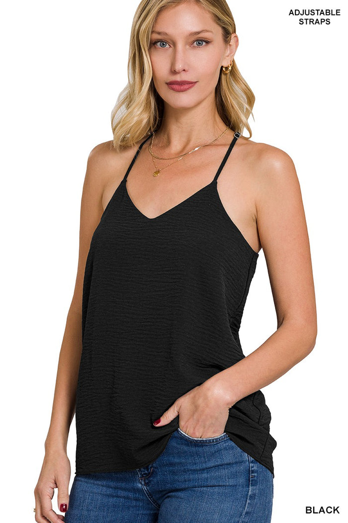 Woven Airflow Adjustable Strap V-neck Cami Top, 3 Colors
