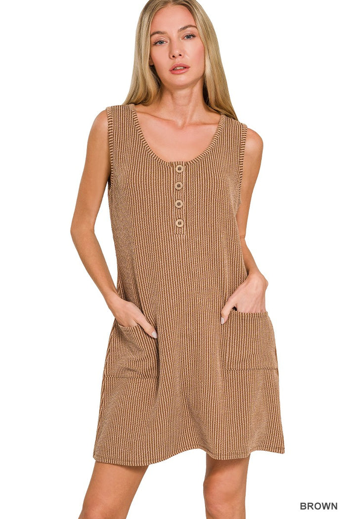 Brown Corded Rib Sleeveless Tank Mini Dress W/pockets