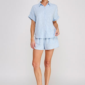 Sky blue Breezy Jacquard Elastic Tie Waist Shorts Set