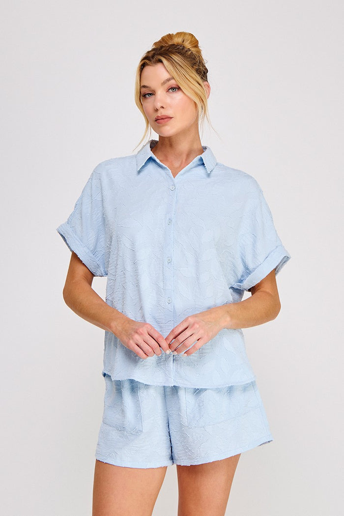 Sky blue Breezy Jacquard Elastic Tie Waist Shorts Set
