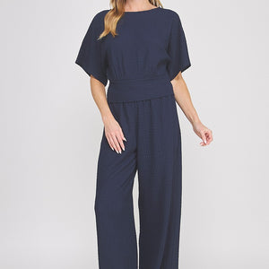 Navy Textured Knit Wide Leg Pants