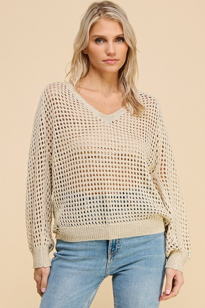 Gold/cream Long Sleeve Open Weave Foil Knit V-Neck Sweater