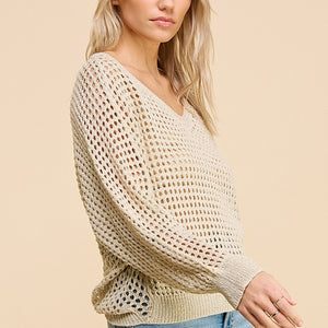 Gold/cream Long Sleeve Open Weave Foil Knit V-Neck Sweater