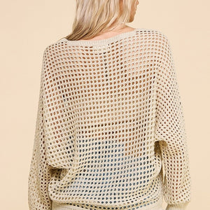 Gold/cream Long Sleeve Open Weave Foil Knit V-Neck Sweater