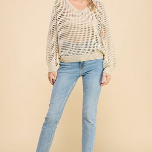 Gold/cream Long Sleeve Open Weave Foil Knit V-Neck Sweater