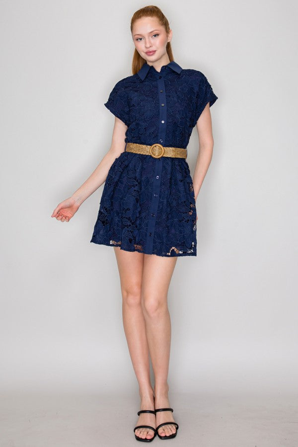 Navy Floral Lace Shirt Dress