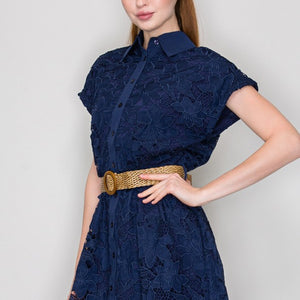 Navy Floral Lace Shirt Dress