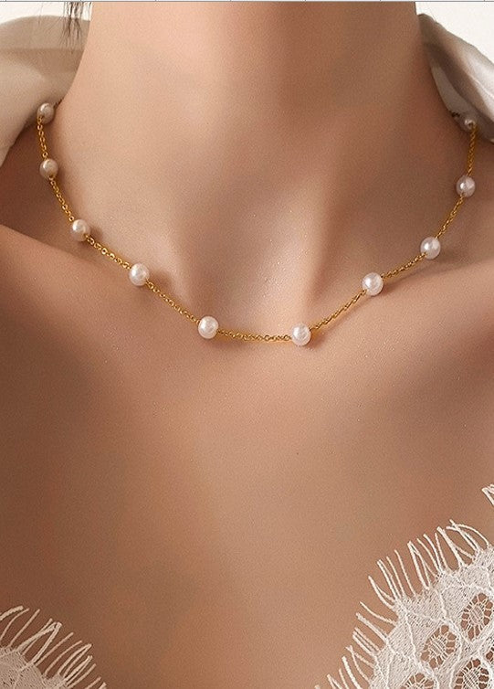 Titanium Steel Non-tarnish Pearl Station Necklace