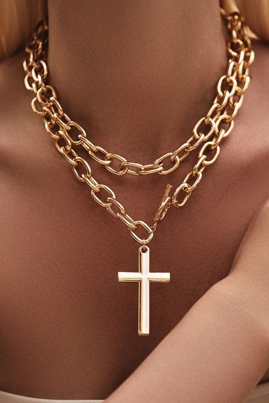 Puffy Cross Chunky Chain Statement Toggle Necklace