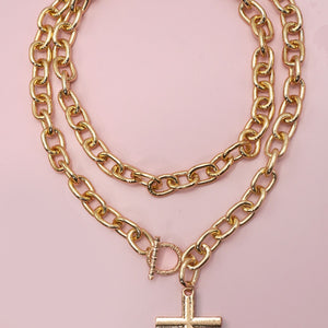 Puffy Cross Chunky Chain Statement Toggle Necklace