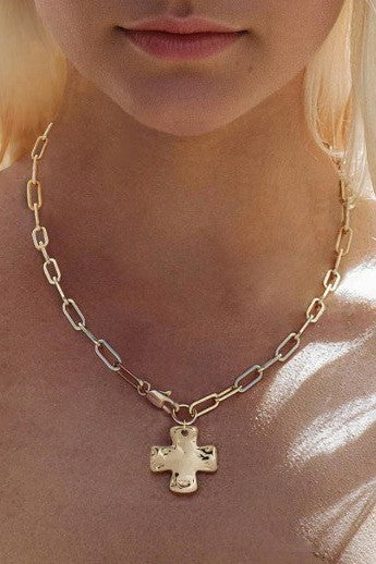 Notable Hammered Cross Front Toggle Necklace, gold or silver