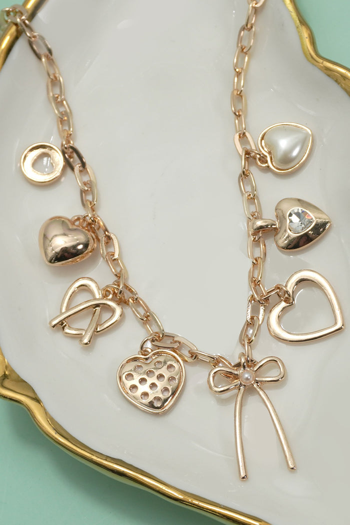Charm Necklace-bow Multi Hearts Pearl Charms