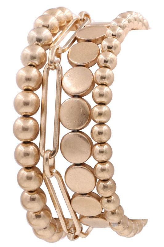 Wood Bead Metal Chain Bracelet Set, Gold Or Silver