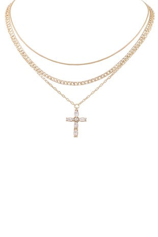 Metal rhinestone cross pendant layered necklace