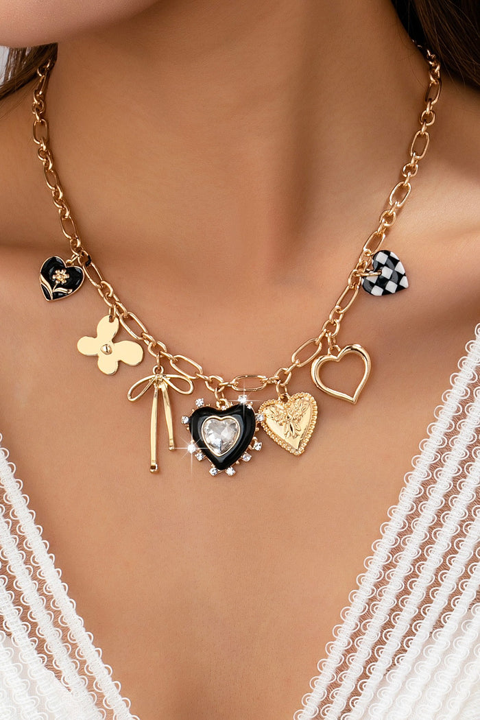 Charm Necklace-bow Checker Heart Rhinestone