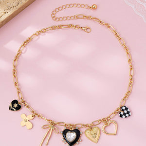 Charm Necklace-bow Checker Heart Rhinestone