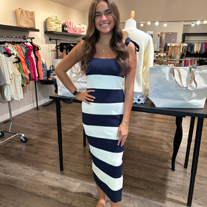 BOW SHOULDER NAVY STRIPE SWEATER MAXI DRESS