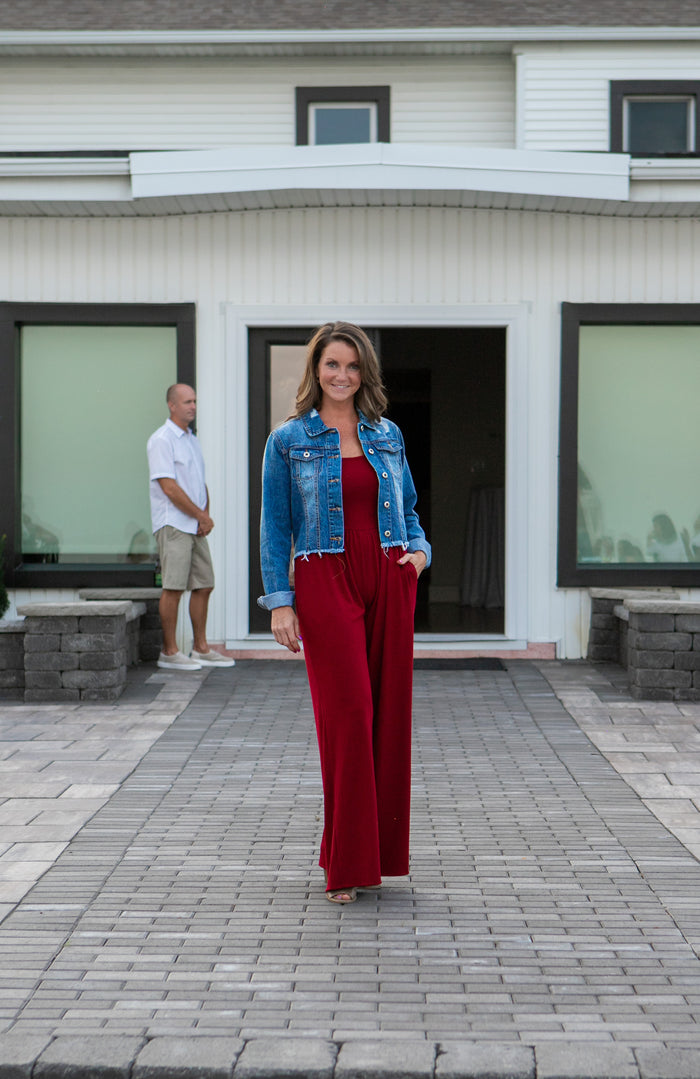 Burgundy square neck wide leg jumpsuit