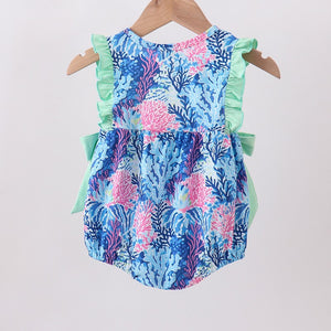 Blue Marine Creature Print Ruffle Bubble