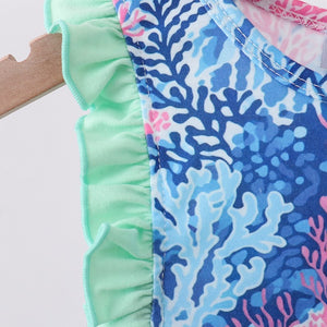 Blue Marine Creature Print Ruffle Bubble
