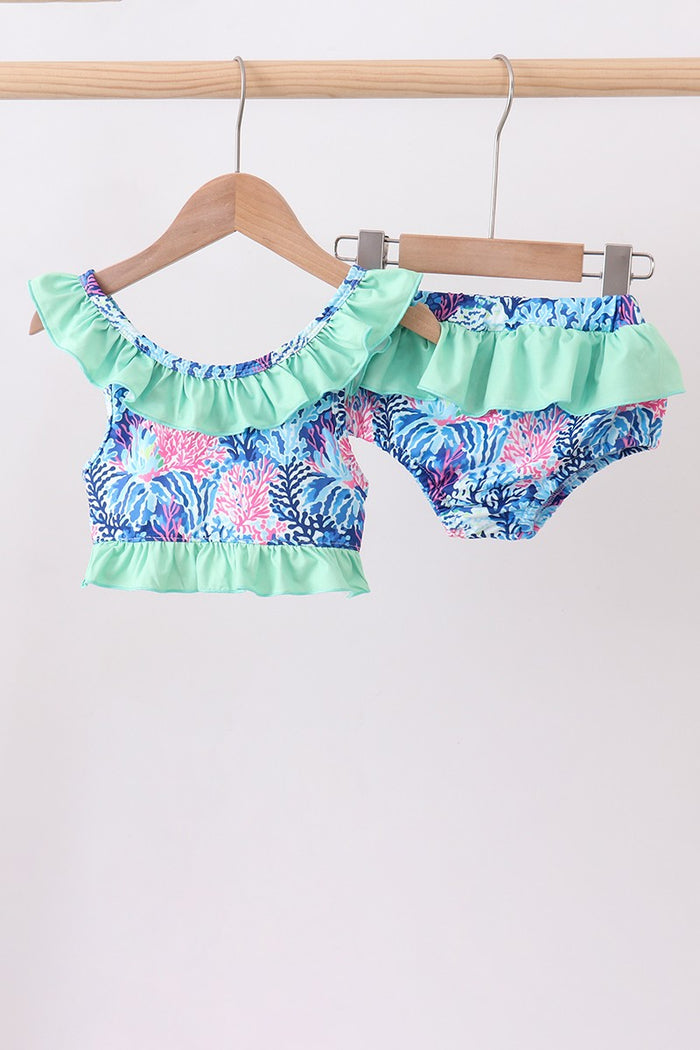 Blue Marine Creature Print Ruffle 2pc Swimsuit