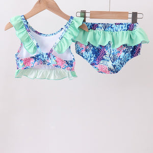 Blue Marine Creature Print Ruffle 2pc Swimsuit