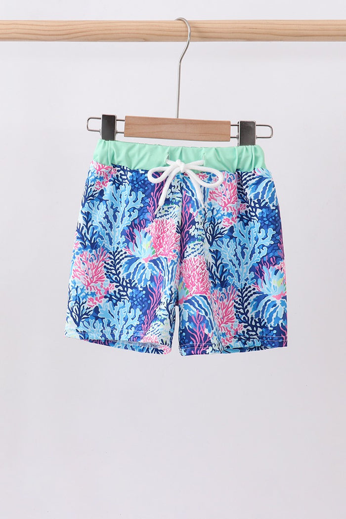 Boys Blue Marine Creature Print Swim Trunks