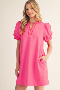 Hot Pink Embroidery Accent Crinkled Shift Dress