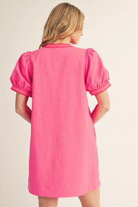 Hot Pink Embroidery Accent Crinkled Shift Dress