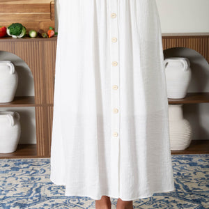 White Textured Front Button Detail Midi Skirt