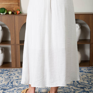White Textured Front Button Detail Midi Skirt