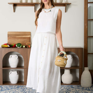 White Textured Sleeveless Back Button Detail Top