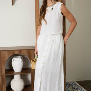 White Textured Sleeveless Back Button Detail Top