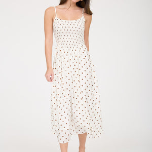White Polka Dot Smocked Basque Waist Midi Dress