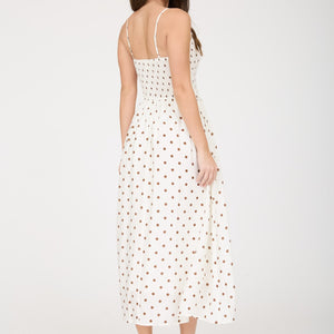 White Polka Dot Smocked Basque Waist Midi Dress