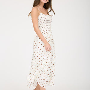 White Polka Dot Smocked Basque Waist Midi Dress